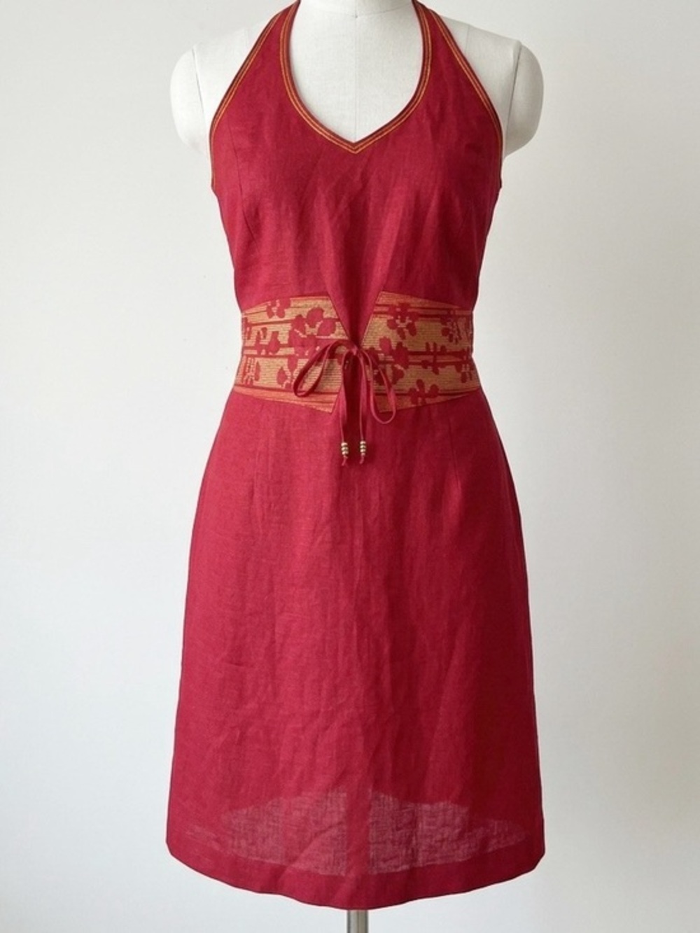 Vintage Y2K Yves Cossette Depeche Mode Red Linen Halter Embroidered Dress Sz 16